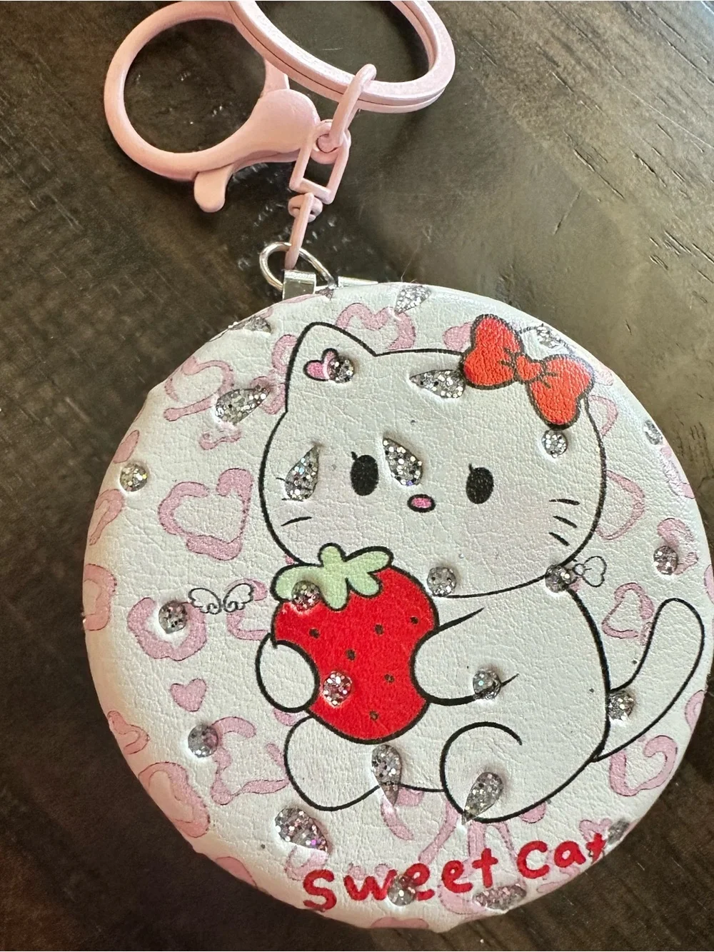 NWOT Sanrio Style Strawberry Kitty Pocket Mirror Keychain Lace & Rhinestone